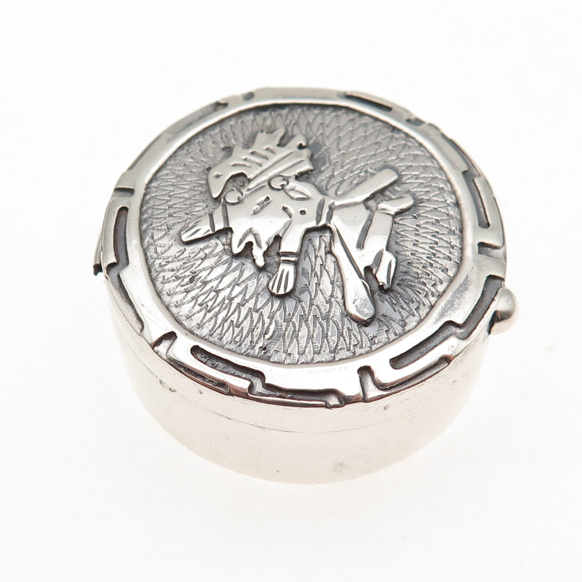 925 Sterling Silver Vintage Mexico Aztec Warrior Oxidized Pill / Snuff Box