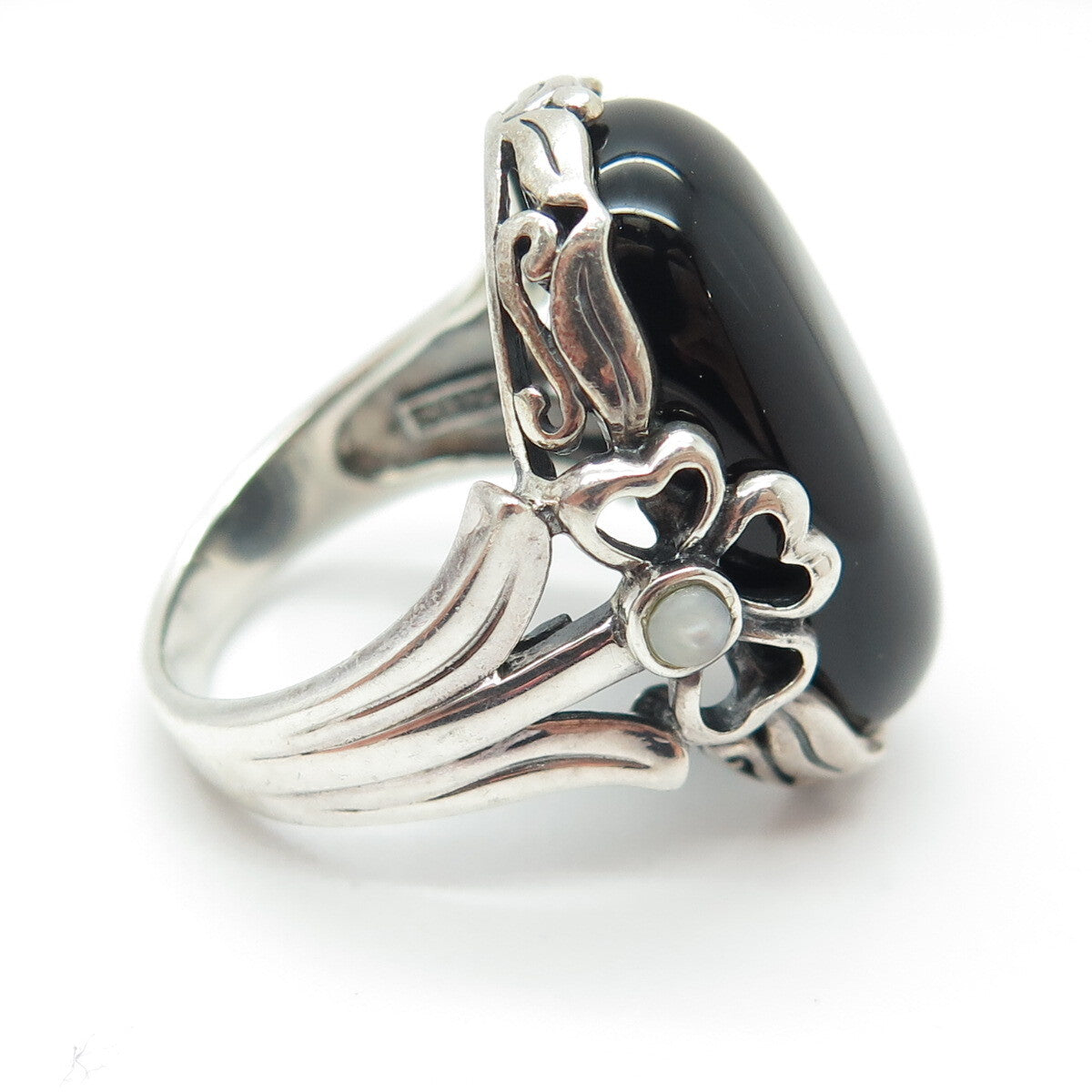 SX SALLY C 925 Sterling Silver Vintage Real Black Onyx & MOP Clover Ring Size 8