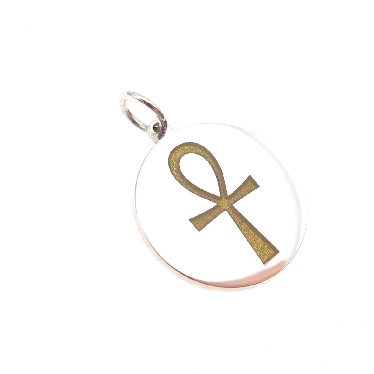 925 Sterling Silver Mustard Enamel Egyptian Ankh Round Tag Mini Charm Pendant
