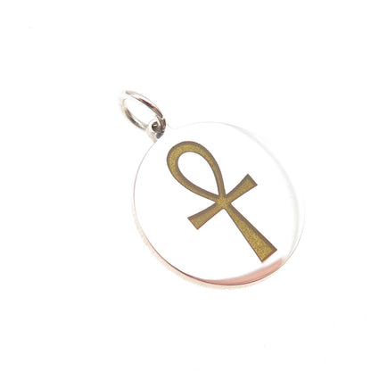 925 Sterling Silver Mustard Enamel Egyptian Ankh Round Tag Mini Charm Pendant