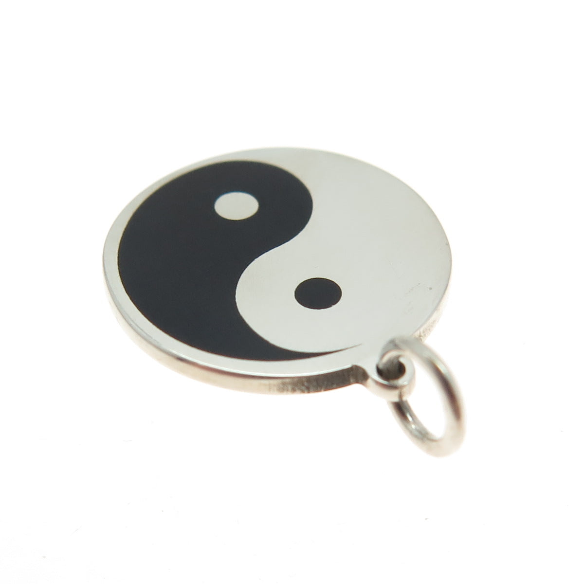 925 Sterling Silver Black Enamel Yin Yang Round Tag Minimalist Charm Pendant