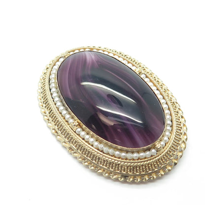 925 Sterling Silver Gold Plated Vintage Real Pearl & Lavender Glass Pin Brooch