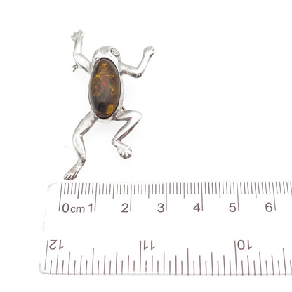 925 Sterling Silver Vintage Real Amber Frog For Good Luck Pin Brooch