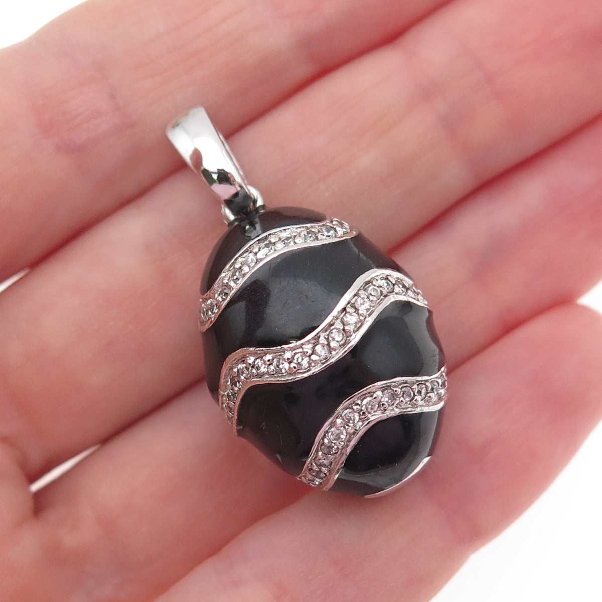 925 Sterling Silver Black Enamel Round-Cut C Z Easter Egg Charm Pendant