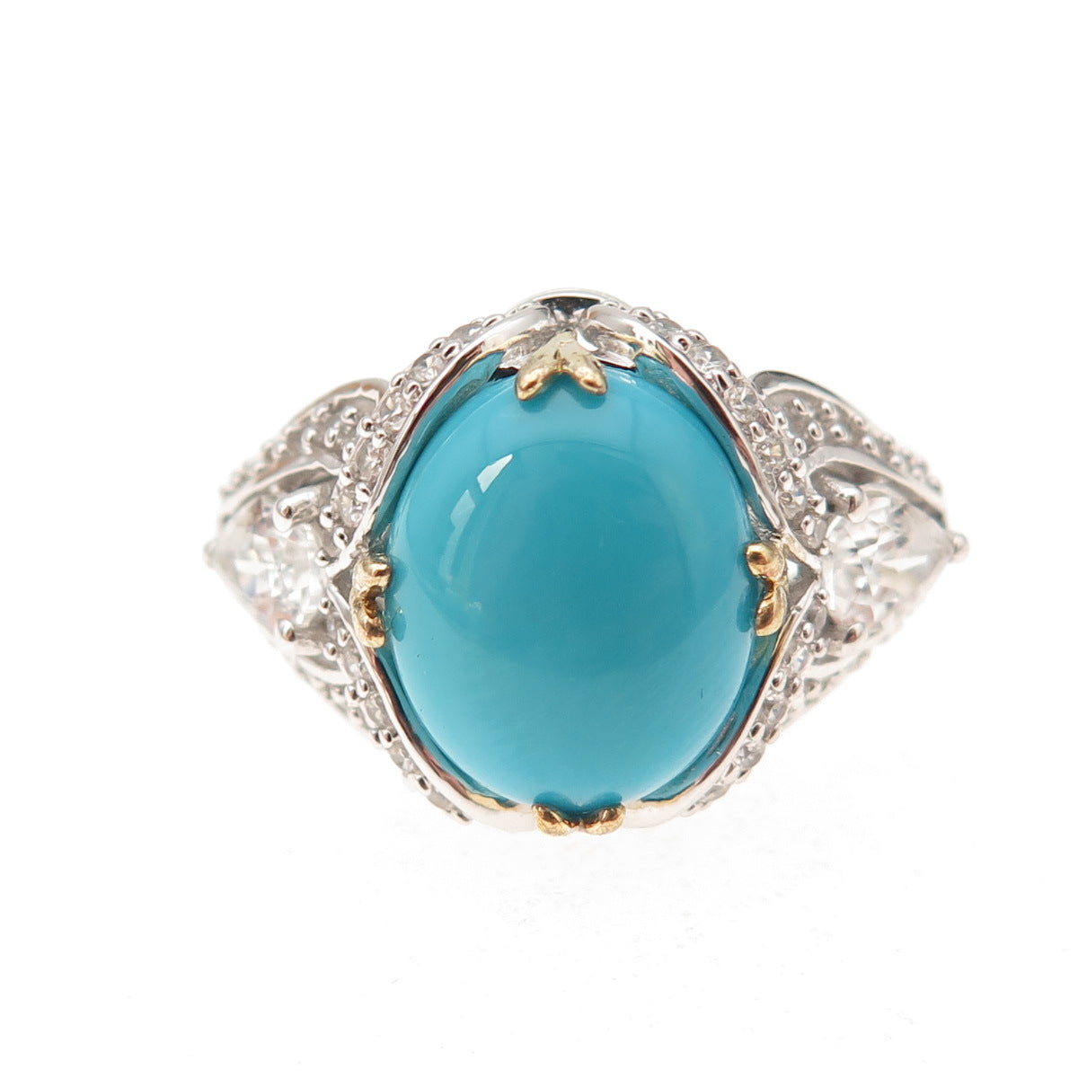925 Sterling Silver 2-Tone Real Sleeping Beauty Turquoise & Topaz Ring Size 8.25