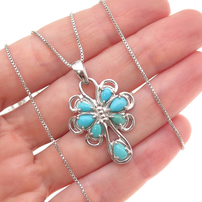 925 Sterling Silver Real Turquoise Floral Cross Box Chain Necklace 18-20"