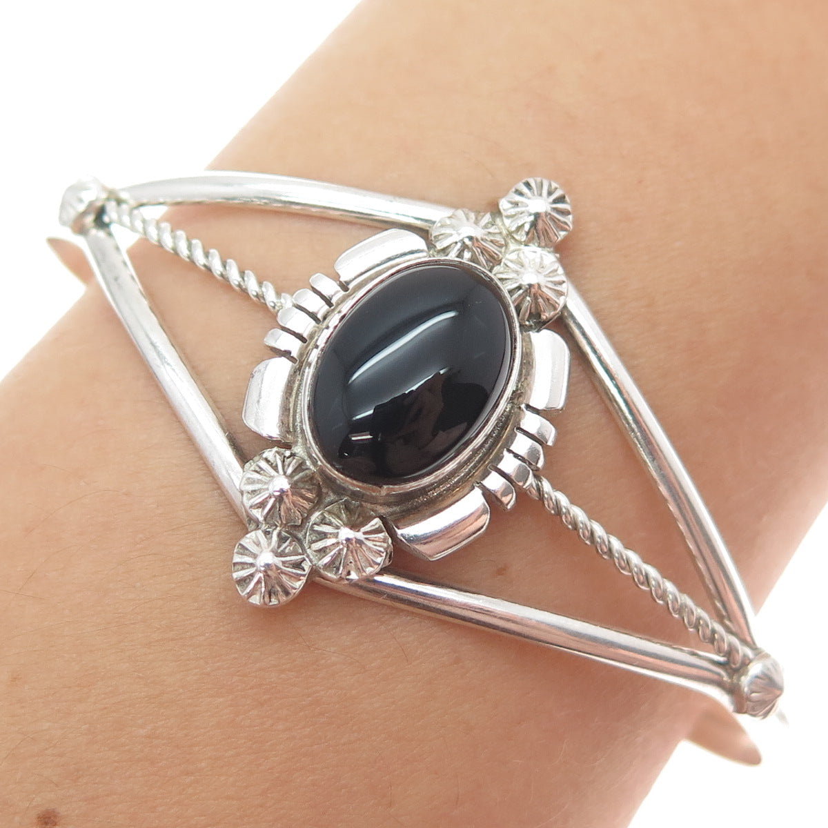 MARIE BAHE NAVAJO Old Pawn Sterling Vintage Black Onyx Adjustable Bracelet 6.25"