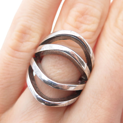 925 Sterling Silver Vintage Modernist 4-Row Oxidized Ring Size 5.25