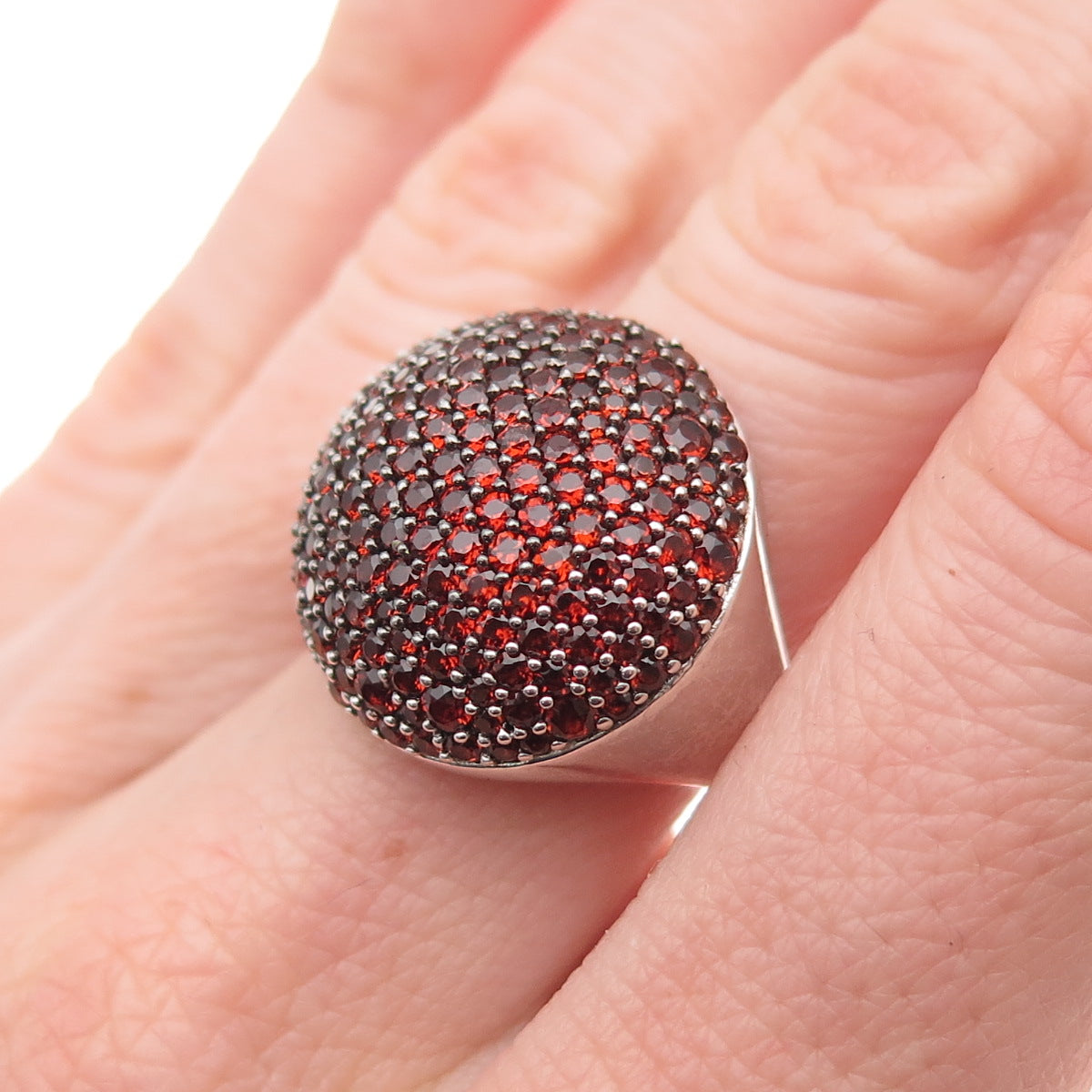 925 Sterling Silver Real Round-Cut Red Garnet Dome Ring Size 7.25