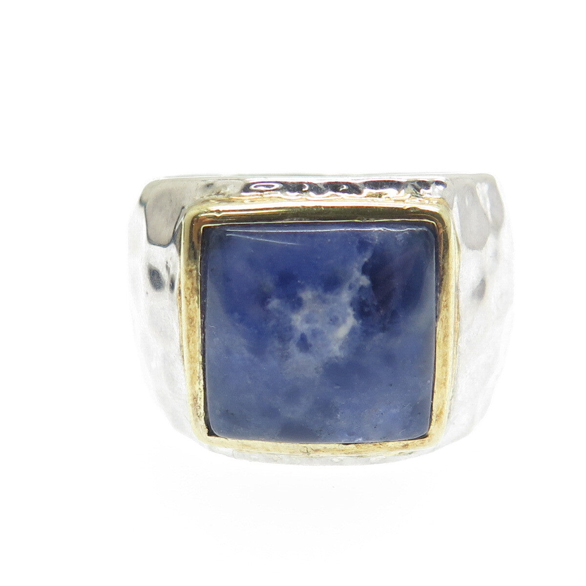 925 Sterling Silver 2-Tone Vintage Real Sodalite Hammered Ring Size 7.5