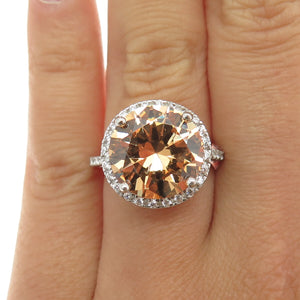 925 Sterling Silver White & Peach Round-Cut Shaped C Z Ring Size 6