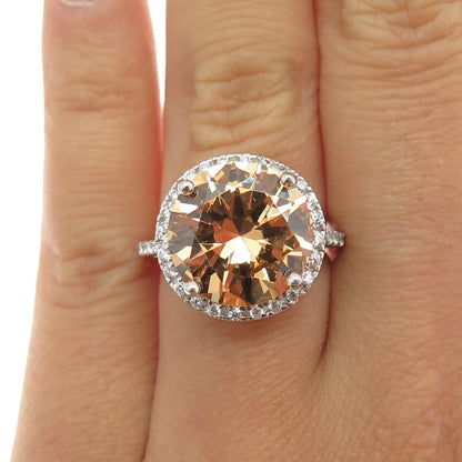 925 Sterling Silver White & Peach Round-Cut Shaped C Z Ring Size 6