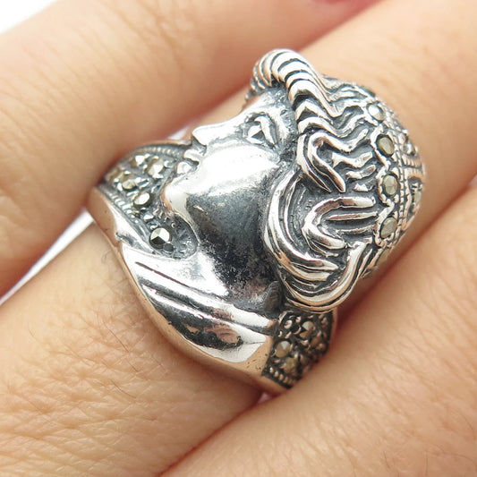 925 Sterling Silver Vintage Real Marcasite Gem Boy Profile Ring Size 7.5