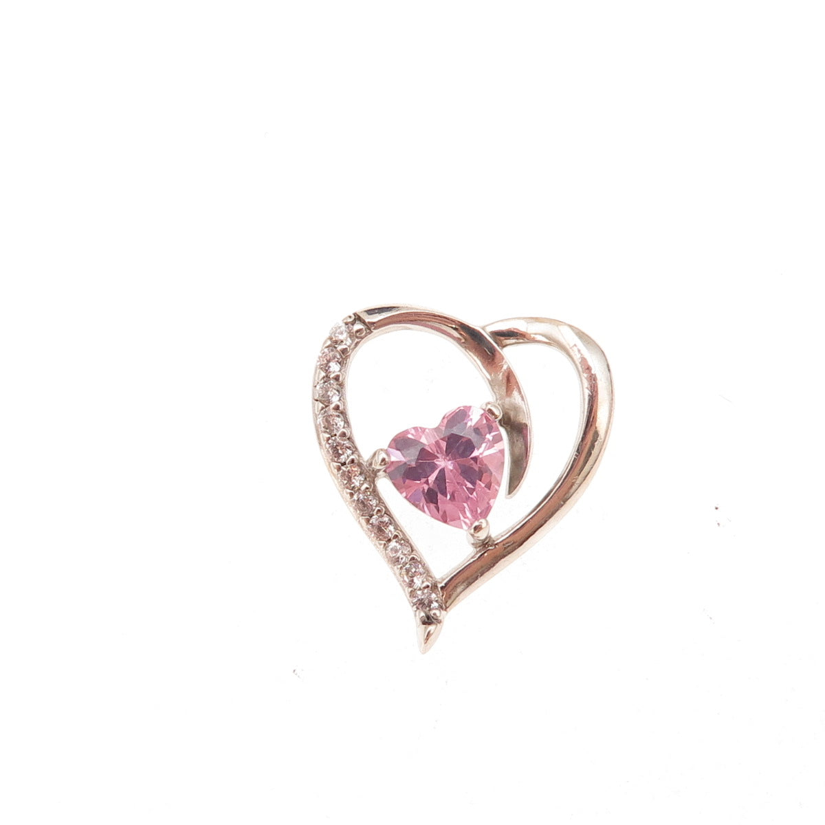 925 Sterling Silver Pink & White C Z Heart Slide Charm Pendant