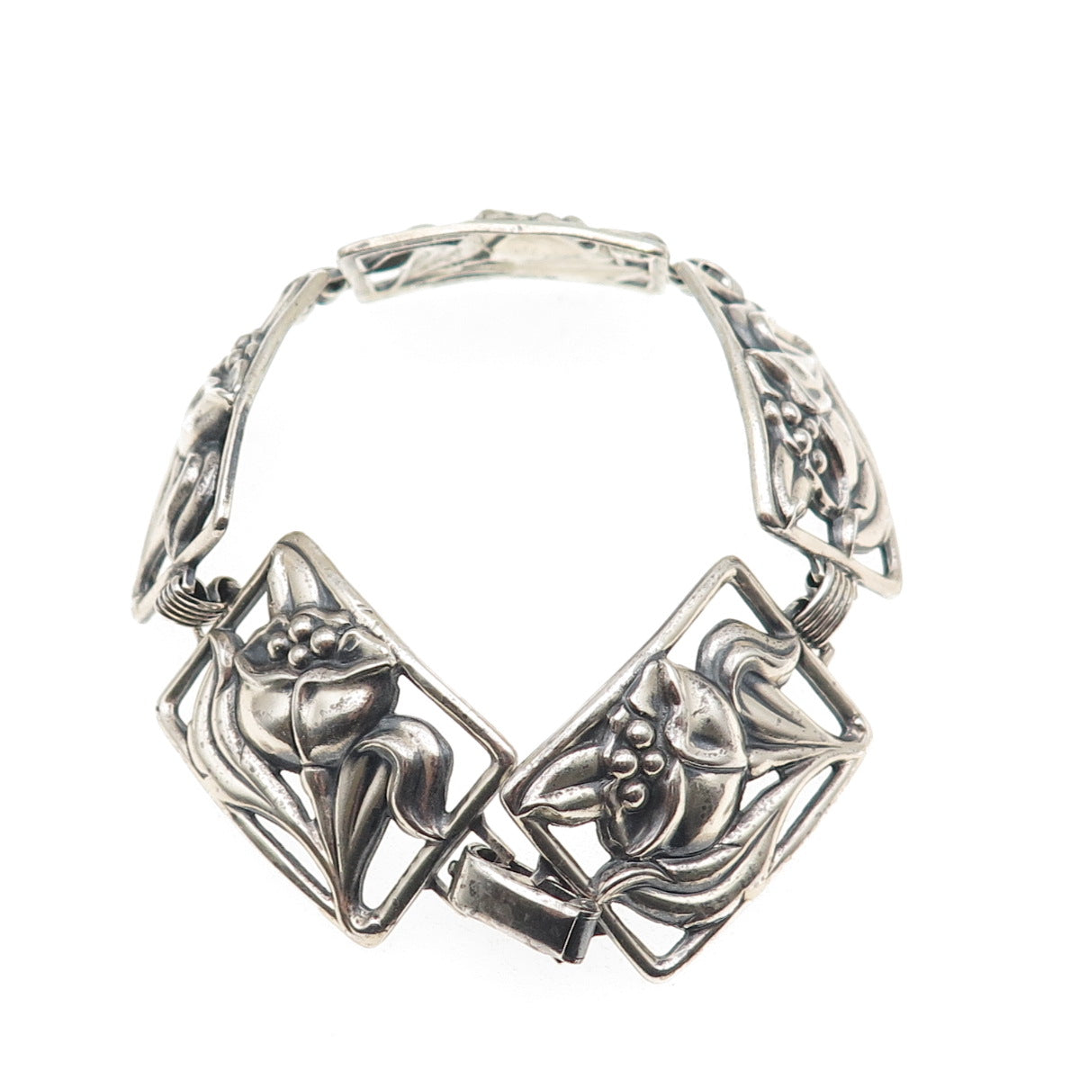 Danecraft Sterling Silver Antique Art Deco Floral Link Oxidized Bracelet 7.25"