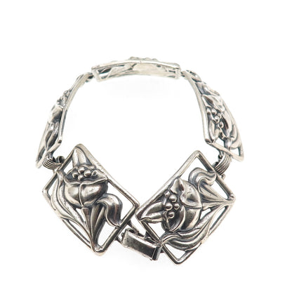 Danecraft Sterling Silver Antique Art Deco Floral Link Oxidized Bracelet 7.25"