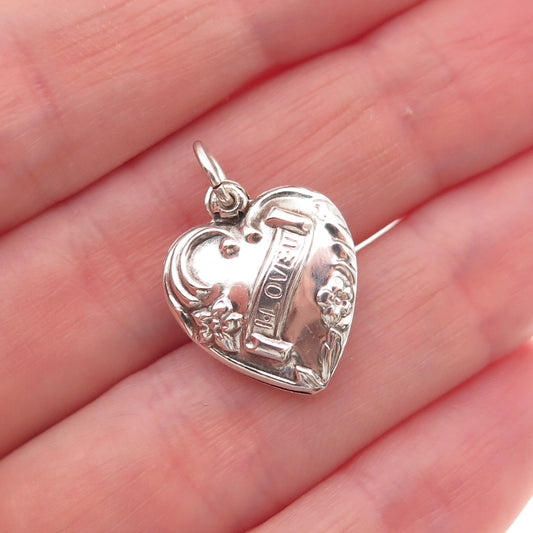 925 Sterling Silver Antique Art Deco I Love You Chatelaine Heart Mini Pendant