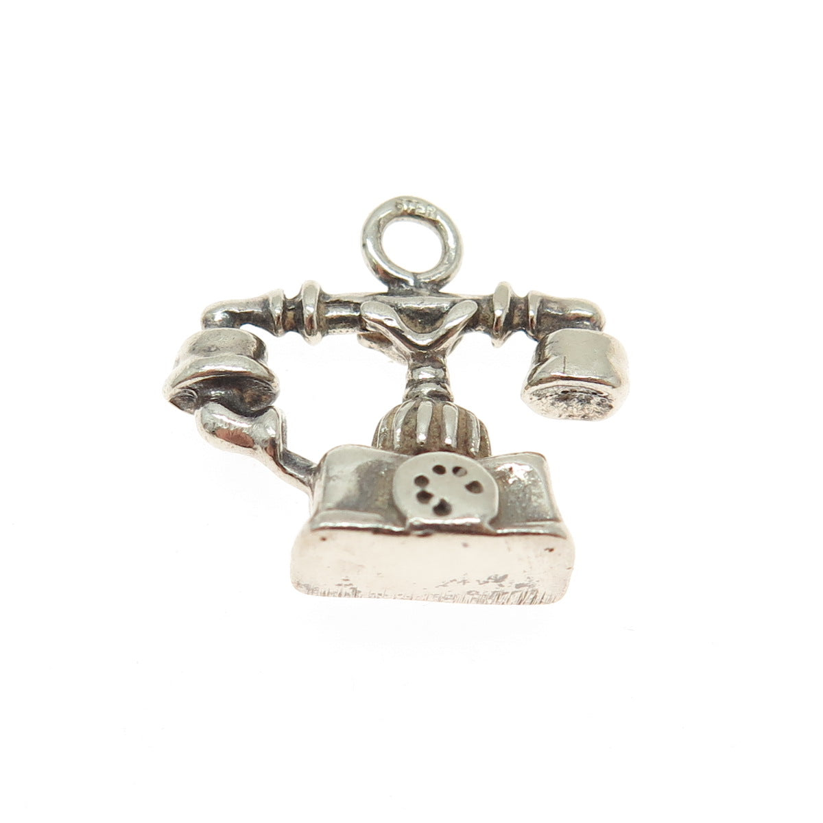 925 Sterling Silver Vintage Rotary Telephone Minimalist 3D Charm Pendant