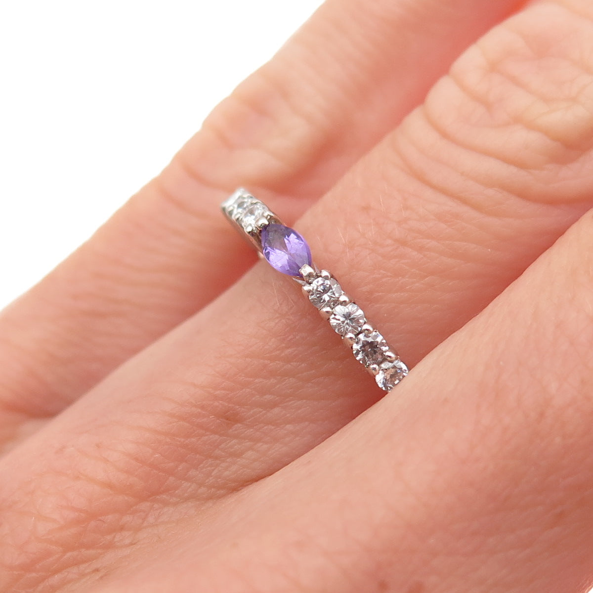 925 Sterling Silver Real Amethyst & C Z Stackable Ring Size 6