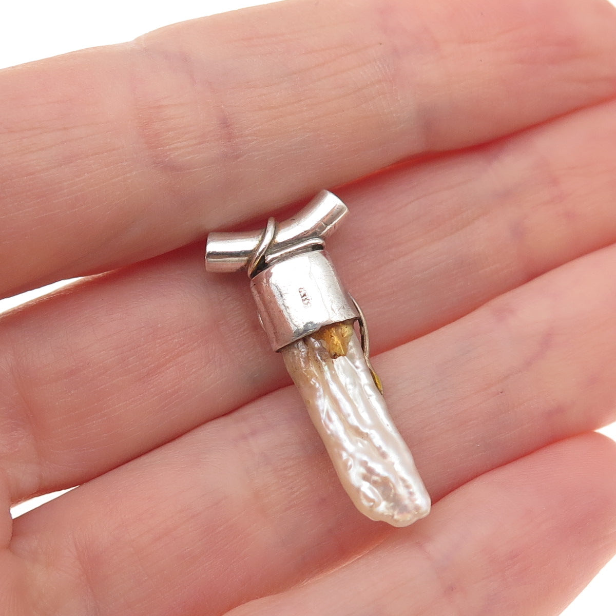925 Sterling Silver 2-Tone Vintage Real Pearl & Red Garnet Slide Charm Pendant
