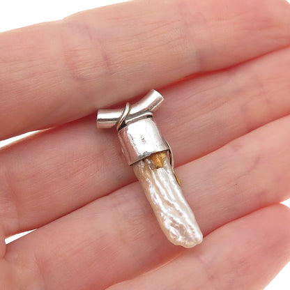 925 Sterling Silver 2-Tone Vintage Real Pearl & Red Garnet Slide Charm Pendant