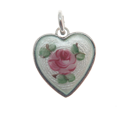 WELLS Sterling Silver Antique Enamel Rose Flower Heart Minimalist Charm Pendant