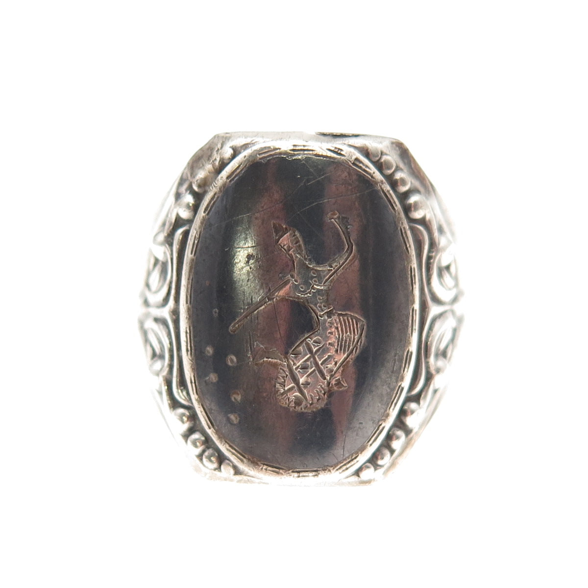 950 Silver Antique Art Deco Niello Hindu Goddess Oxidized Ring Size 10