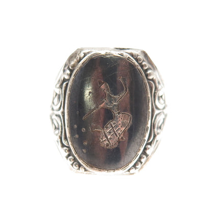 950 Silver Antique Art Deco Niello Hindu Goddess Oxidized Ring Size 10