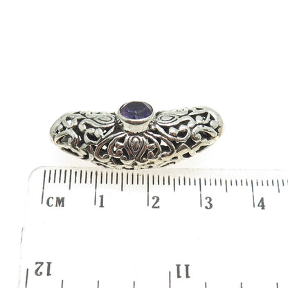 925 Sterling Silver Vintage Real Round-Cut Amethyst Floral Scroll Slide Pendant