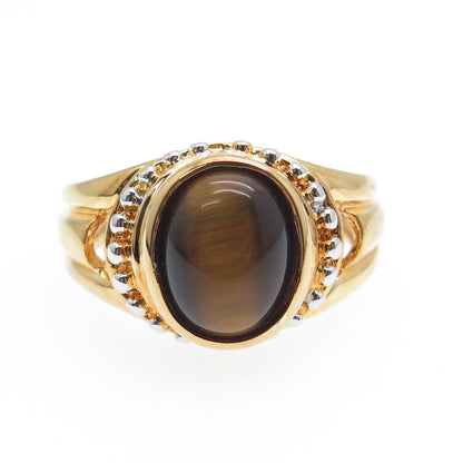 ROSS SIMONS 925 Sterling Silver Gold Plated Real Tiger Eye Beaded Ring Size 6