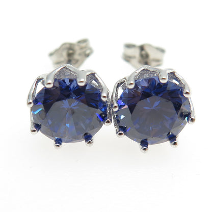 925 Sterling Silver Round-Cut Blue C Z Crown Stud Earrings