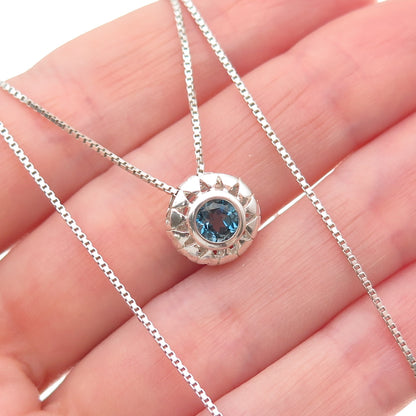 925 Sterling Silver Vintage Italy Real Blue Topaz Sun Box Chain Necklace 18"