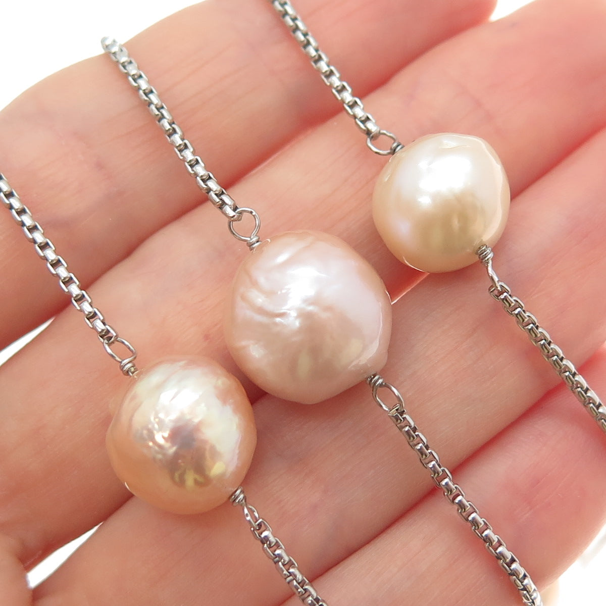 HONORA Sterling Silver Vintage Pearl Round Box Chain Adjustable Necklace 18-28"