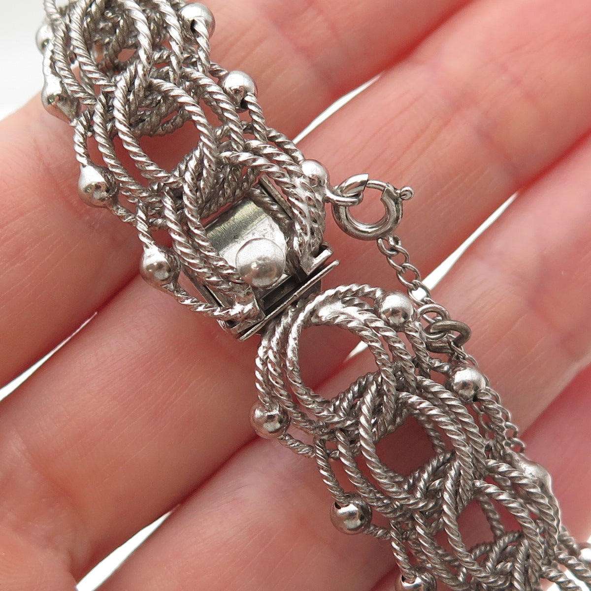925 Sterling Silver Antique Art Deco Beaded Bismark Link Bracelet 6.75"