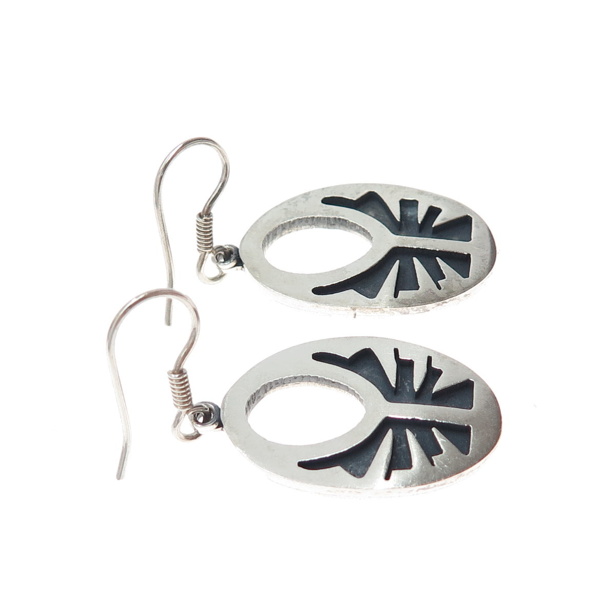 925 Sterling Silver Vintage Mexico Tribal Symbol Oxidized Dangle Earrings