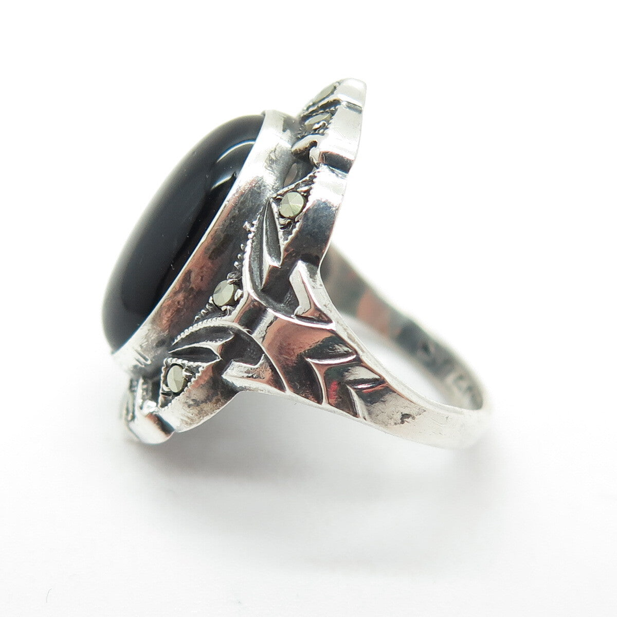 UNCAS Sterling Silver Antique Art Deco Real Black Onyx Marcasite Ring Size 3.25