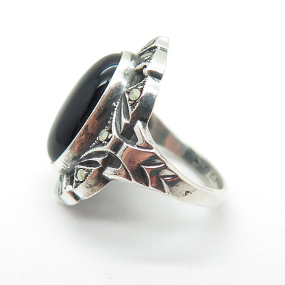 UNCAS Sterling Silver Antique Art Deco Real Black Onyx Marcasite Ring Size 3.25
