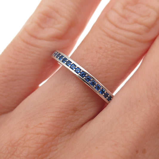 Pandora 925 Sterling Silver Enamel & Blue C Z Radiant Hearts Band Ring Size 6