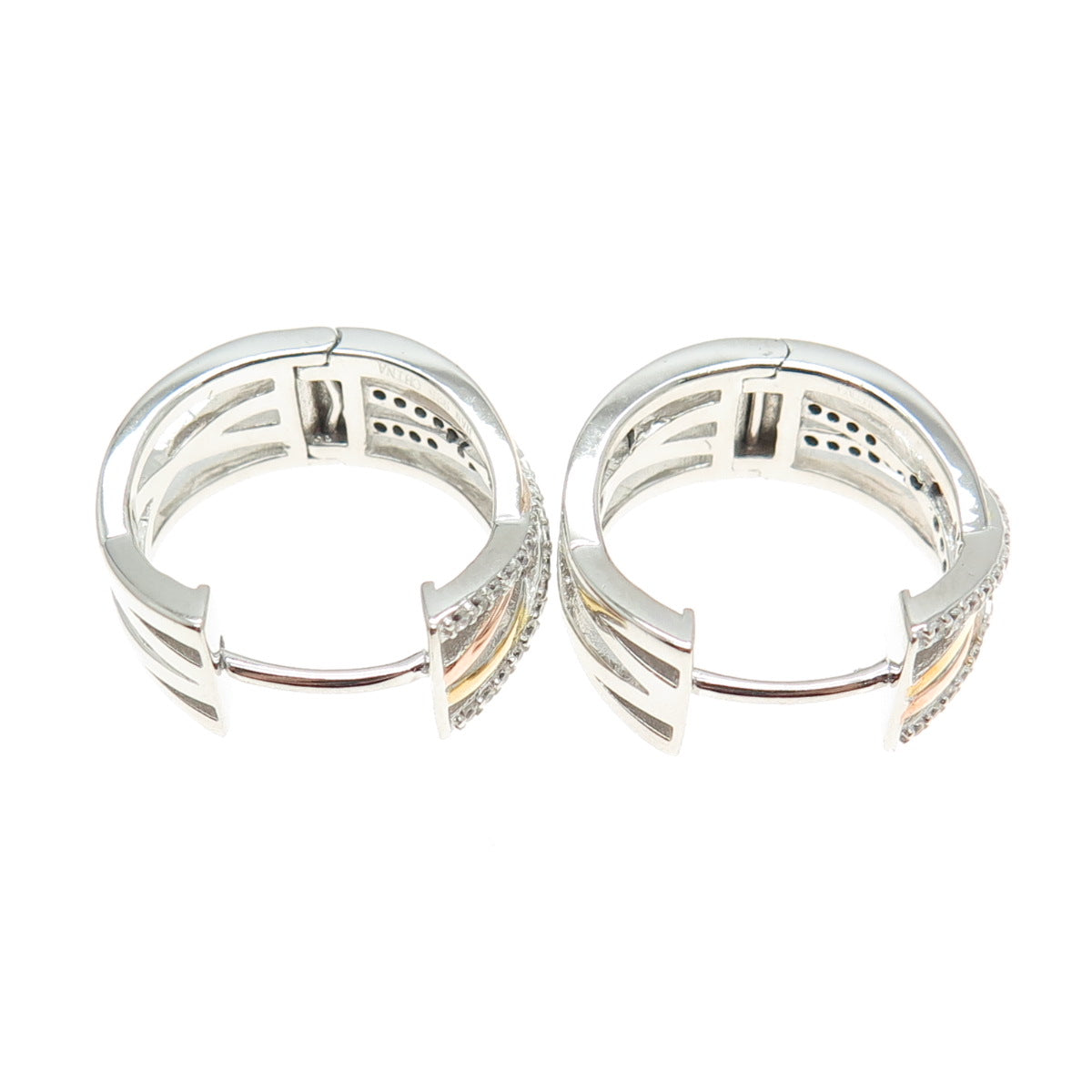 HAN 925 Sterling Silver 3-Tone Round-Cut C Z Crisscross Hoop Earrings