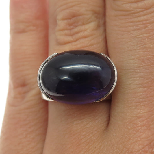 CRYSTAL 925 Sterling Silver Vintage Real Amethyst Modernist Ring Size 6.75