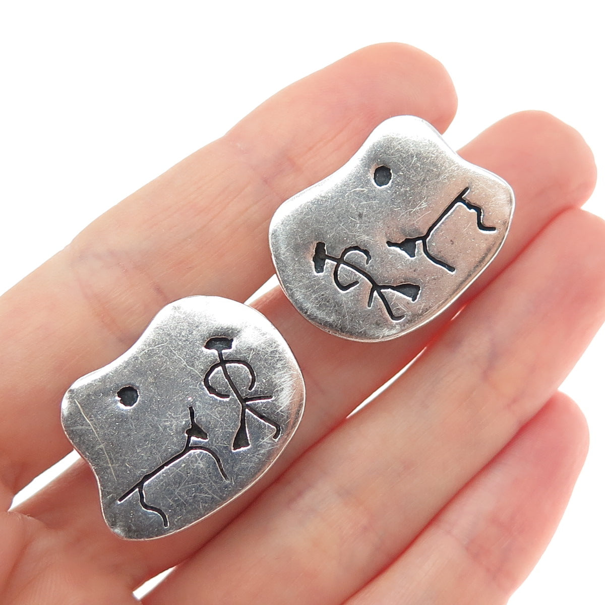925 Sterling Silver Vintage Mexico Tribal Storyteller Oxidized Cufflinks