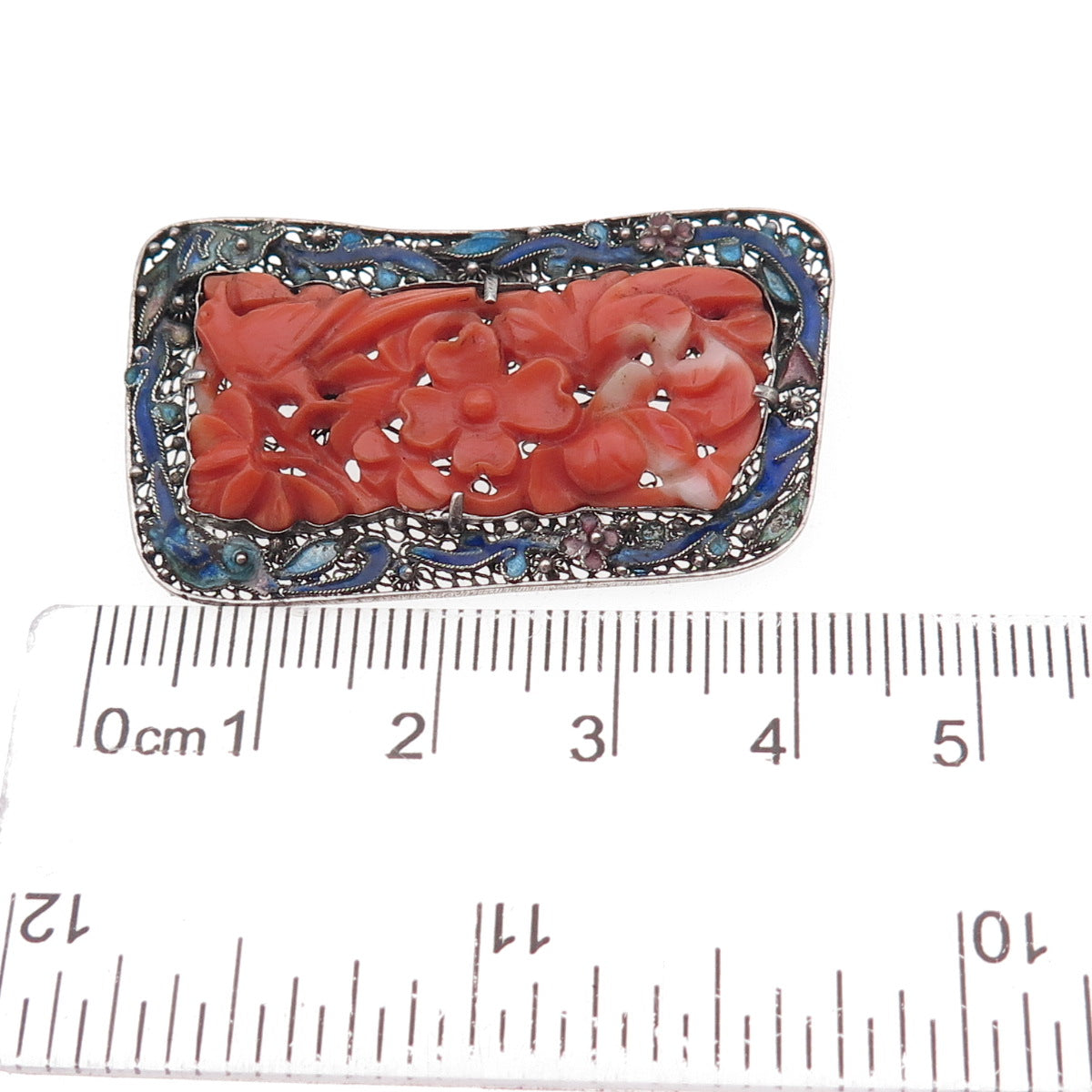 925 Sterling Silver Antique China Real Coral & Enamel Floral Filigree Pin Brooch