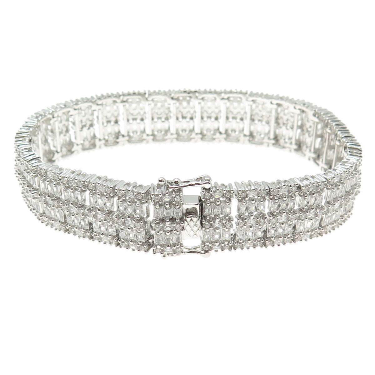 925 Sterling Silver Round & Baguette-Cut C Z Sparkle Link Bracelet 7.5"