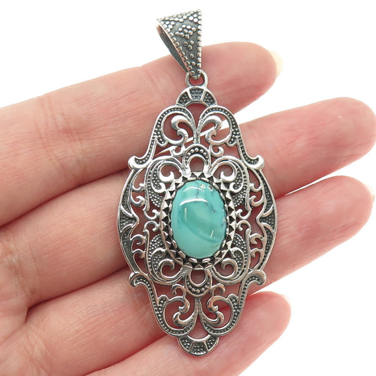 925 Sterling Silver Vintage Real Carico Lake Turquoise Swirl Oxidized Pendant