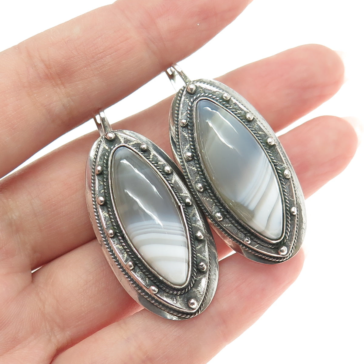 925 Sterling Silver Vintage Real Marquise-Cut Agate Modernist Oxidized Earrings