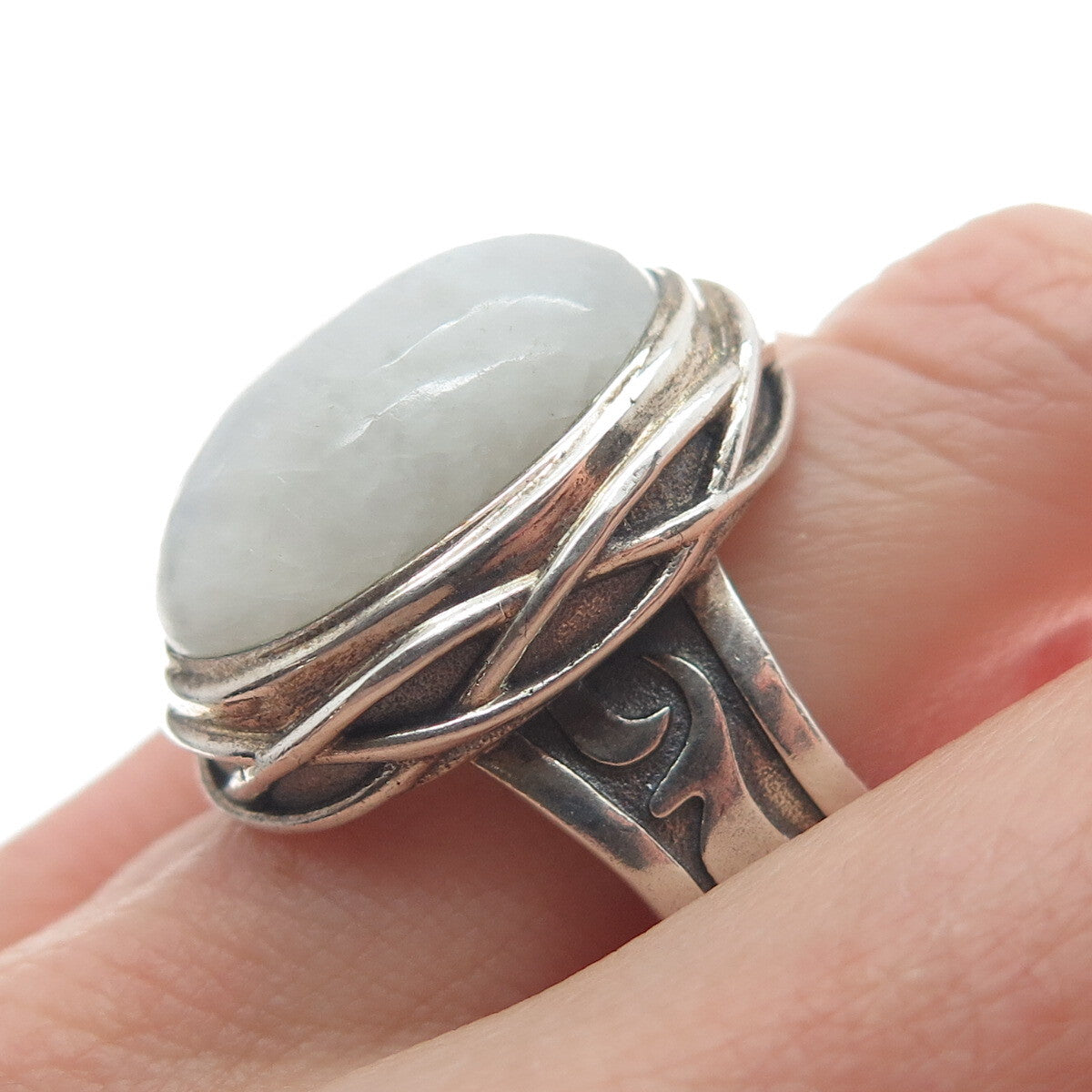 925 Sterling Silver Vintage Real Moonstone Modernist Wavy Oxidized Ring Size 8