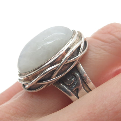 925 Sterling Silver Vintage Real Moonstone Modernist Wavy Oxidized Ring Size 8