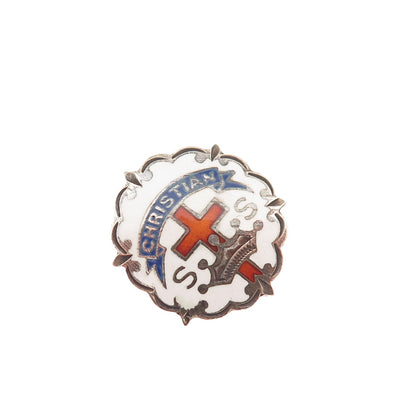 Cross Crown Little System Sterling Vintage Enamel Christian Sunday School Brooch