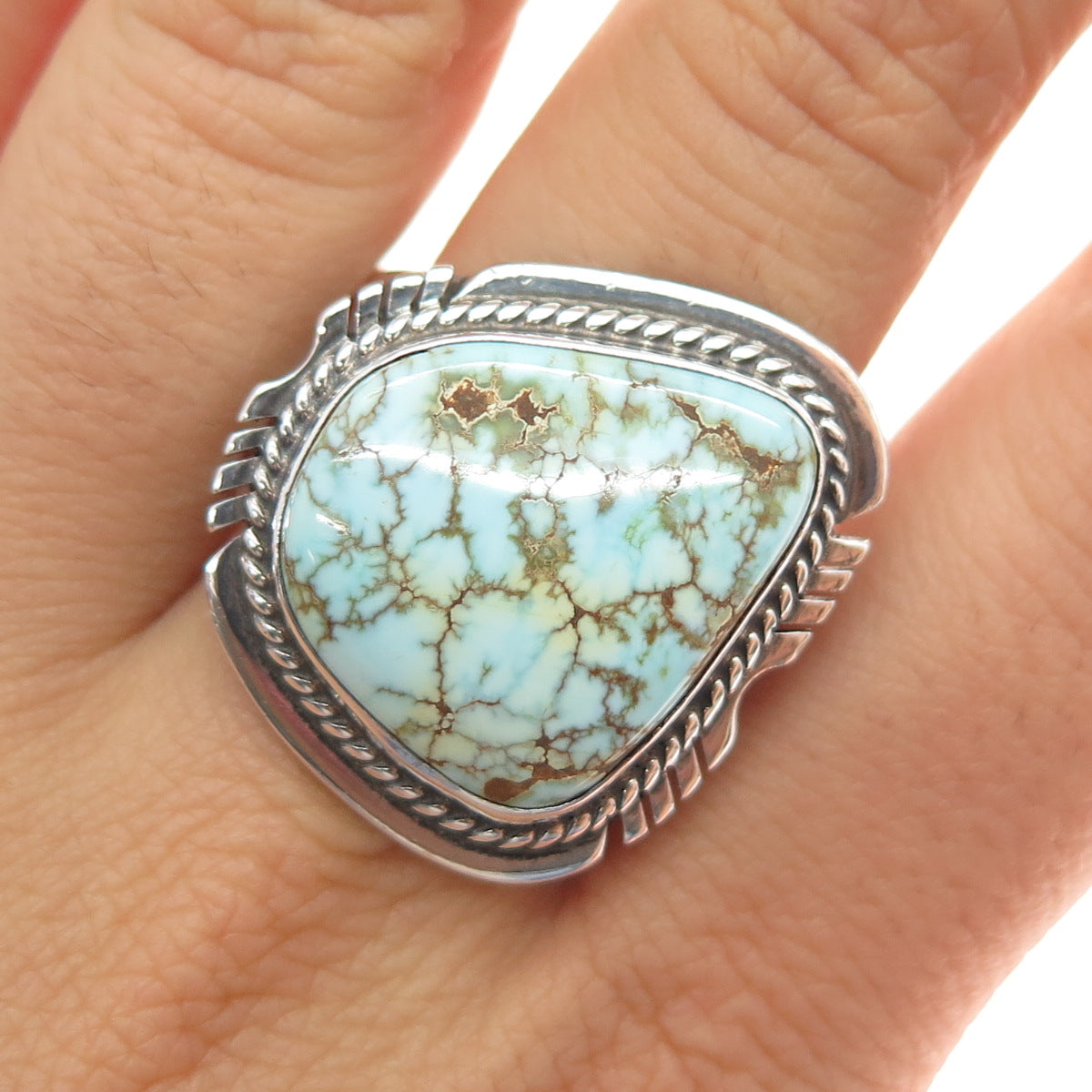 Pete Sanchez Isleta Old Pawn Sterling Silver Vintage Turquoise Ring Size 12.25