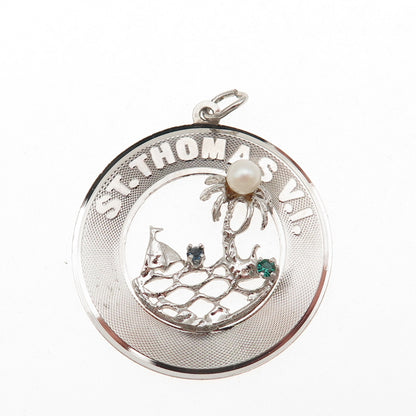 925 Sterling Silver Vintage Real Pearl & Rhinestone St. Thomas VI Charm Pendant